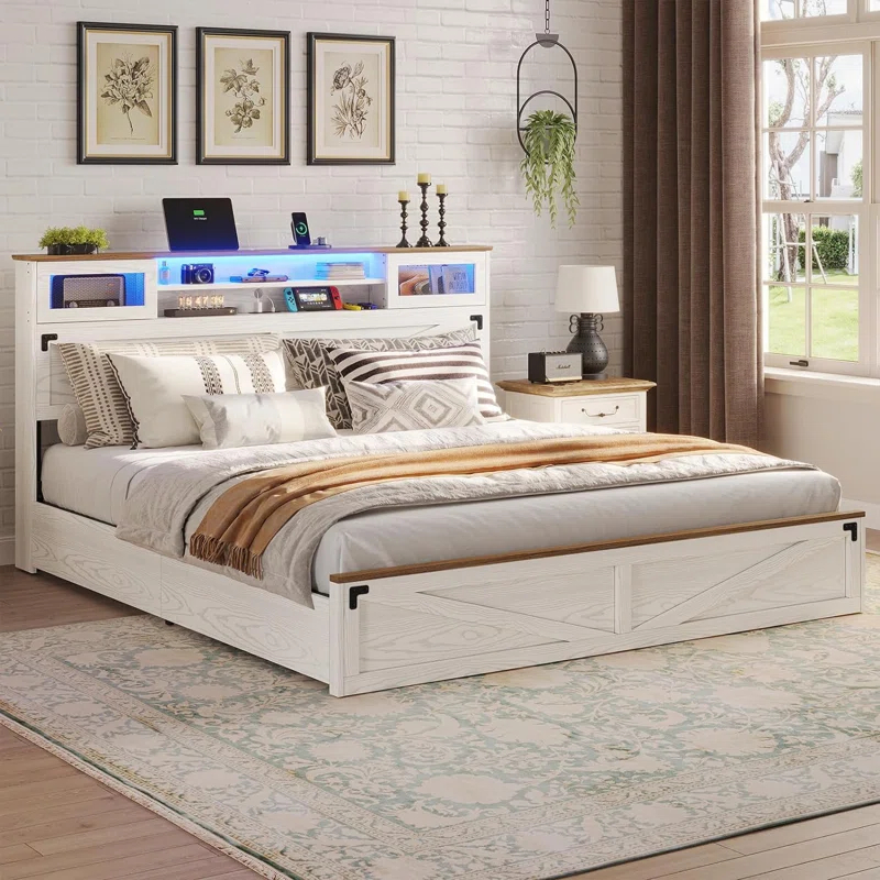 Ivy Bronx Farmhouse Bed Frame King Size With Bookcase Headboard And 2 Drawers, Wooden Platform King Bed With Led Lights And Charging Station, Rustic Accent Headboard With Sliding Door, White