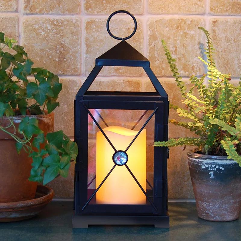 LumaBase Black Gem Metal Lantern with Battery-Operated Candle