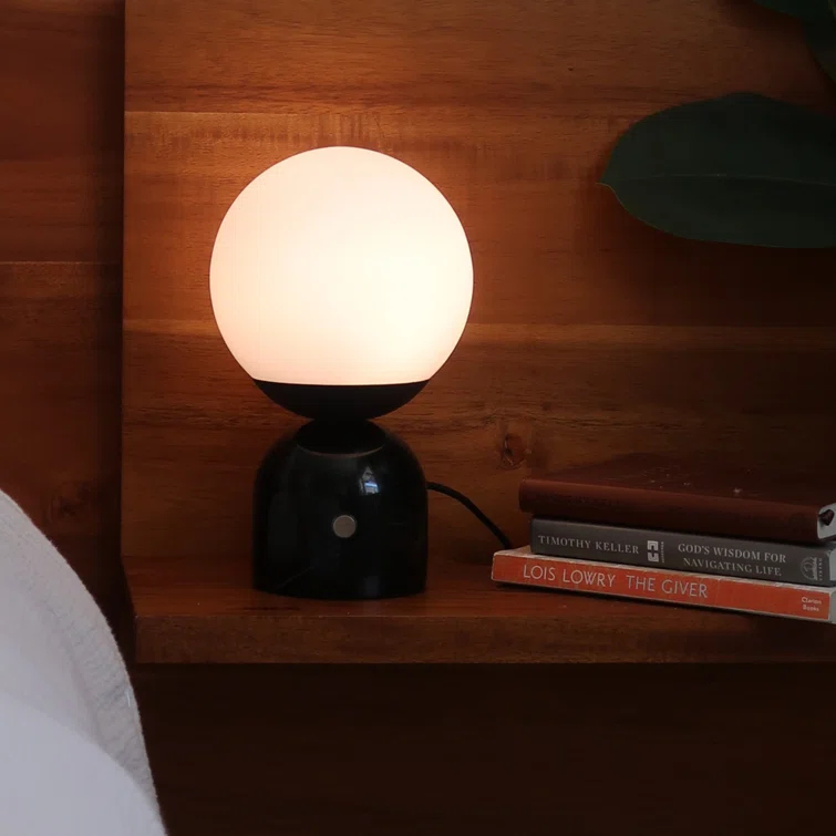 Brightech Mila 10" Modern LED Table Lamp with Black Marble Base and Frosted Globe Shade, 3-Way Dimming