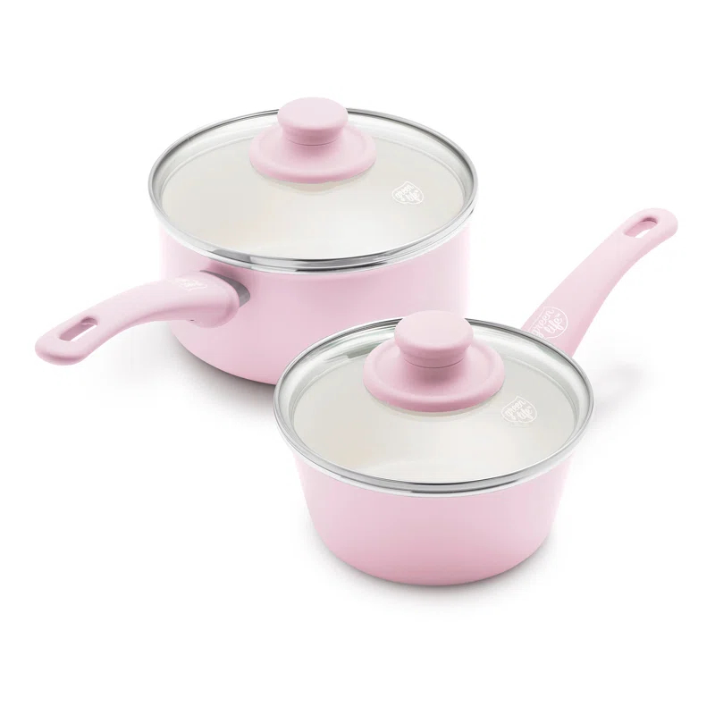 GreenLife GreenLife Soft Grip Healthy Ceramic Nonstick, 1QT And 2QT Saucepan Pot Set With Lids, Dishwasher Safe