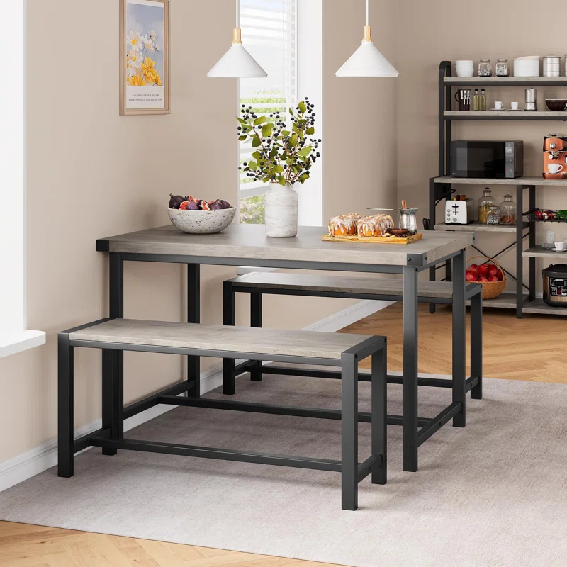 Dining Table Set For 4, Kitchen Table With 2 Metal Wood Benches