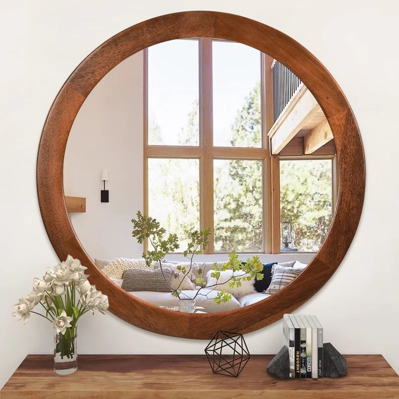 Latitude Run® Round Mirrors 30 Inch,Wood Vanity Wall Rustic Mirror With Walnut Frame, Wooden Mirror For Bathroom Bedroom Living Room Or Entryway(Walnut Brown)