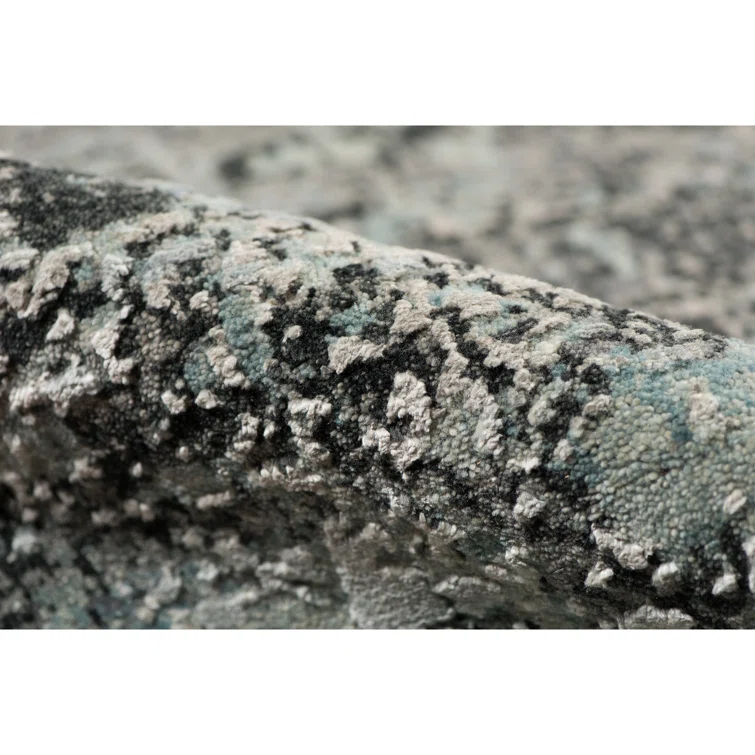 Gray and Blue Hand-Knotted Wool Silk Abstract Area Rug