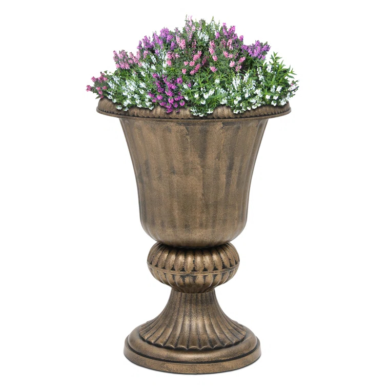 Charlton Home® Ciresila Classic Moroccan Bronze Urn Planter Decorative Outdoor Flower Pot with Stand for Garden Front Column and Wedding Decor
