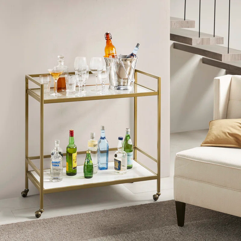 Martha Stewart Lionel 2-Tier Bar Cart with Glass Top and Ceramic Shelf