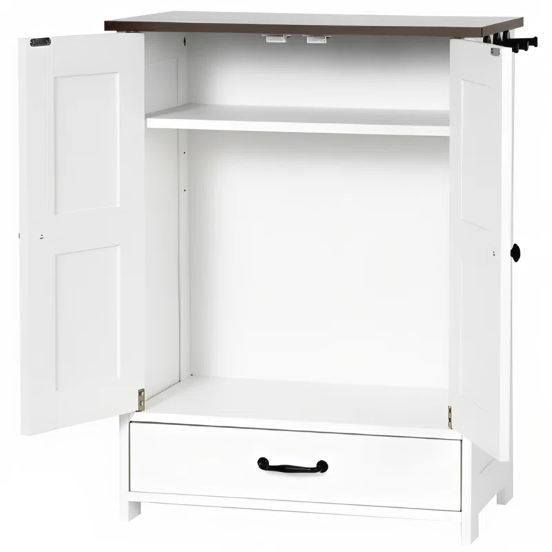 Awevsco Dog Feeding Station, Dog Food Storage Cabinet With Hidden Dog Bowls, Adjustable Panel, Hooks, For Medium Sized Dogs, White