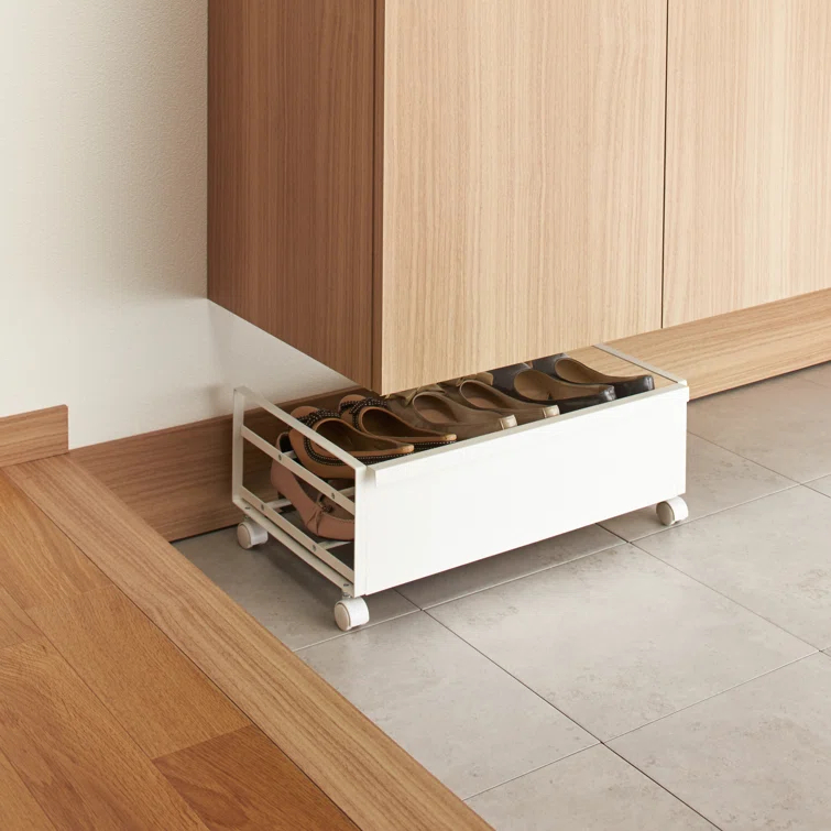Yamazaki Home Rolling Shoe Rack, Steel, Holds 4 shoes, 6 heels, Wheels