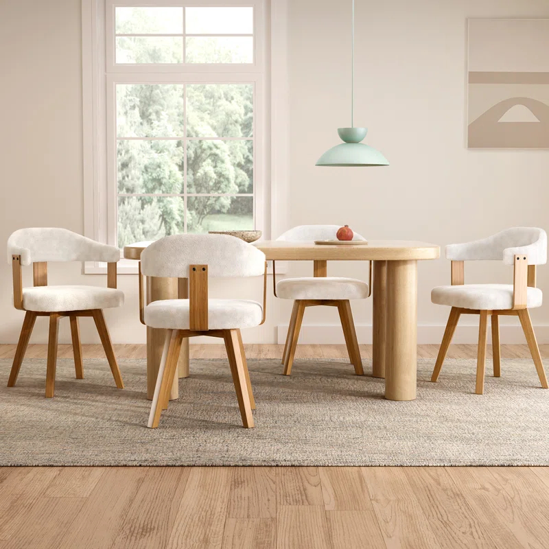 Corrigan Studio® Set Of 4  Swivel Boucle Dining Chairs With Arms And Wood Legs