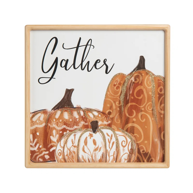 August Grove® Wood 15.75 in. Multicolor Autumn Pumpkin with Leaves Gather Wall Decor