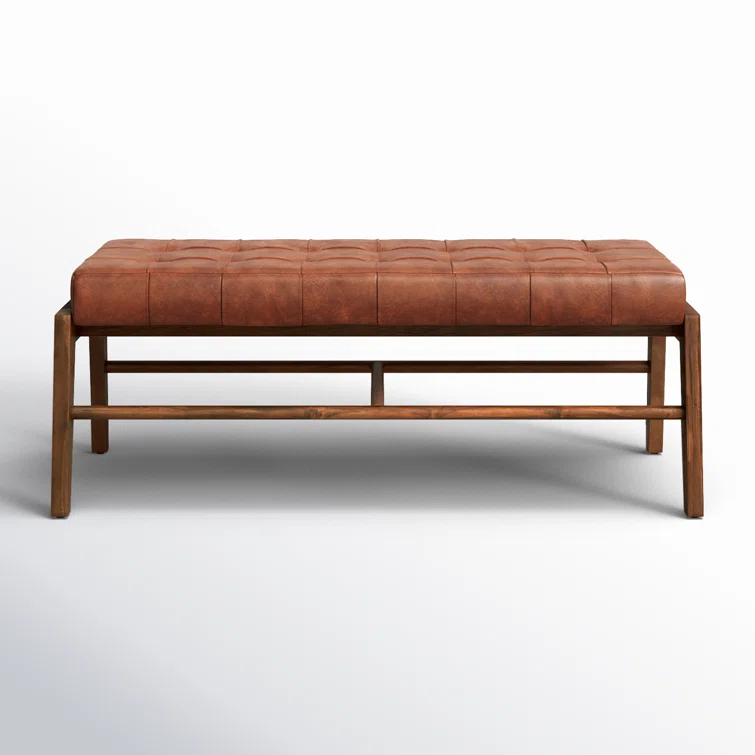 Dennis 49" Wide Teak and Full Grain Leather Bench, Brown