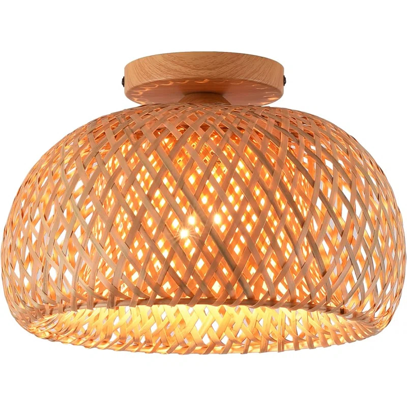 Bay Isle Home™ Bamboo Ceiling Light Fixtures, Hand-Woven Boho Flush Mount Ceiling Light, Handmade Ceiling Mount With Natural Bamboo Shade, Farmhouse Light Fixture