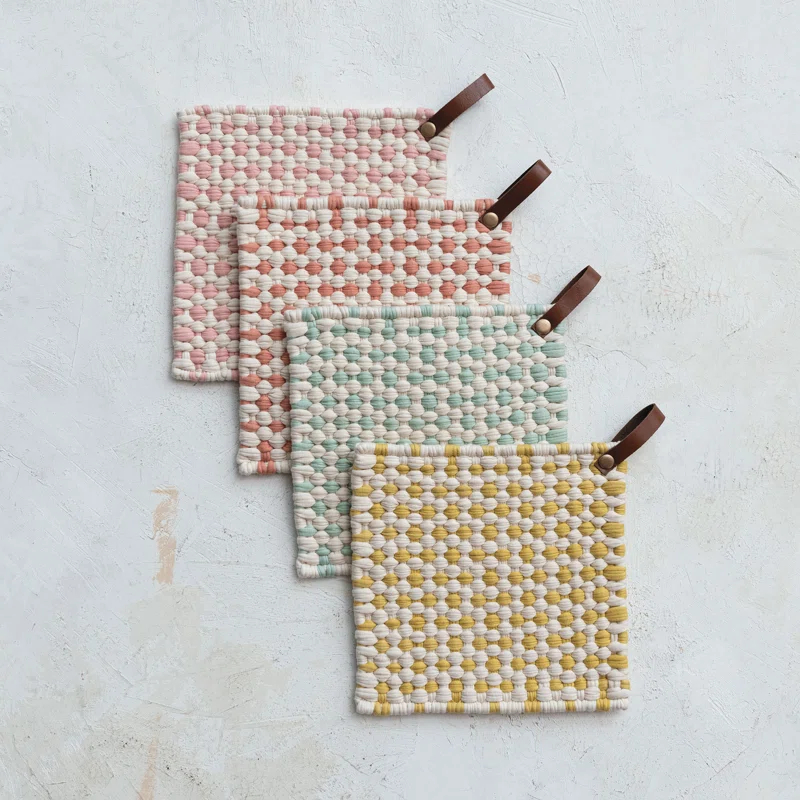 Creative Co-Op Light Hue Cotton Crocheted Pot Holder With Leather Loop (Set of 4)