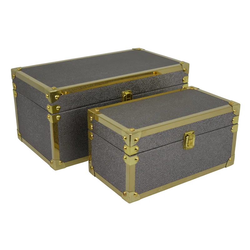 Benjara Mecca Storage Box Set of 2, Rivet Accents, Metal Trim, Wood