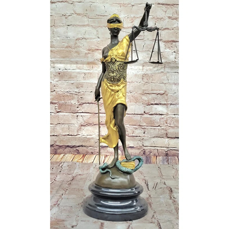 Red Barrel Studio® Blind Lady of Justice Themis Bronze Statue Sculpture Law Attorney Art Gift Gold Patina