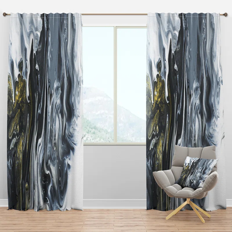 Design Art White, grey and White Hand Painted Marble Acrylic - Mid-Century Velvet Curtain - 1 panel