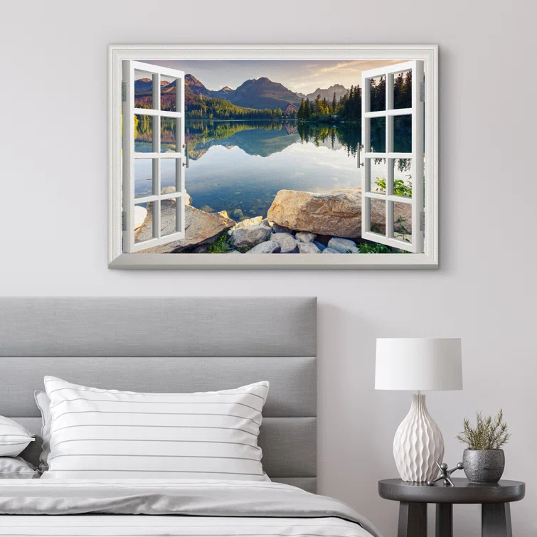 IDEA4WALL Window Scenery Green Peaceful Lake Natural Landscape Photography Pictures Canvas Print Wall Art