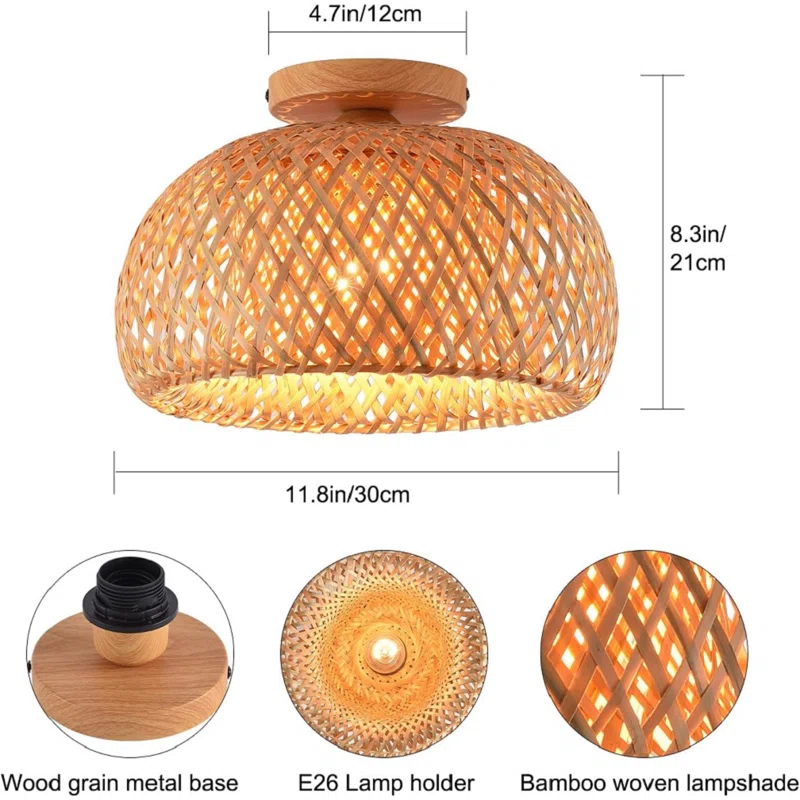Bay Isle Home™ Bamboo Ceiling Light Fixtures, Hand-Woven Boho Flush Mount Ceiling Light, Handmade Ceiling Mount With Natural Bamboo Shade, Farmhouse Light Fixture