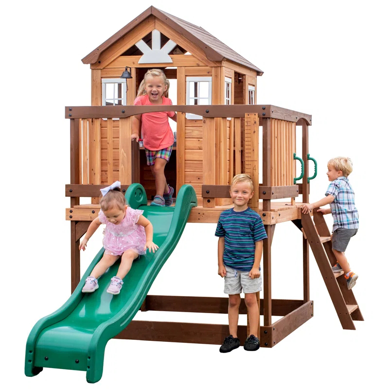 Backyard Discovery Echo Heights Cedar Wooden Elevated Kids Playhouse with Wave Slide, Play Kitchen, and Deck & Reviews | Wayfair