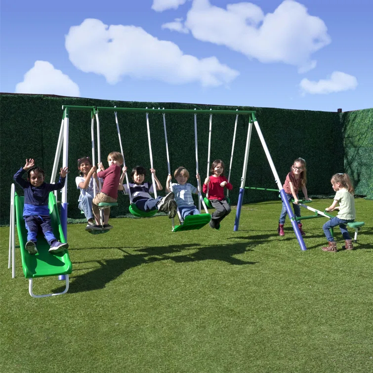 Sportspower Sportspower Park Ridge Metal Swing Set With 2 Swings, Standing Swing, 2 Person Roman Glider Swing, Teeter Totter And 5' Slide, Bonus Anchor Kit Included