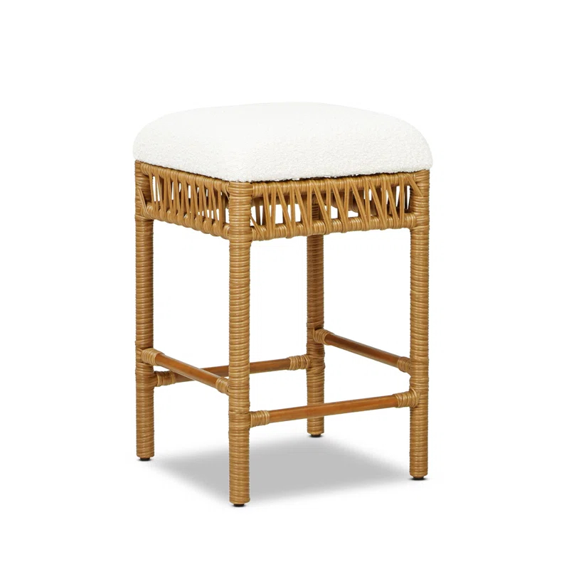 Bayou Breeze Lucia 25.5" Backless Upholstered Counter Stool With Resin Rattan Frame, Ivory White Boucle,Upholstered dining room chair,dinning chair,kitchen chair