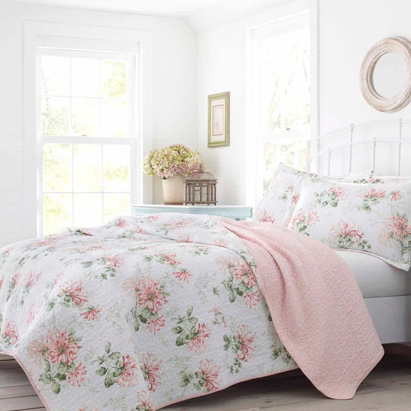Laura Ashley Laura Ashley Honeysuckle Cotton Reversible Pink Quilt Set
