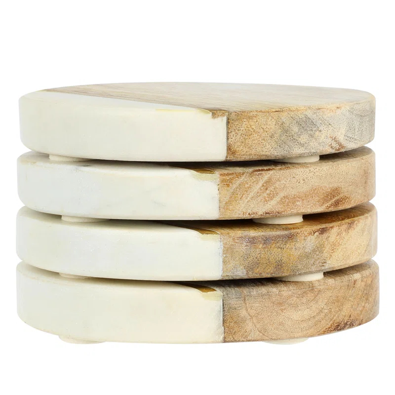 Laurie Gates Laurie Gates White Marble And Mango Wood Round 4 Piece Coaster Set (Set of 4)