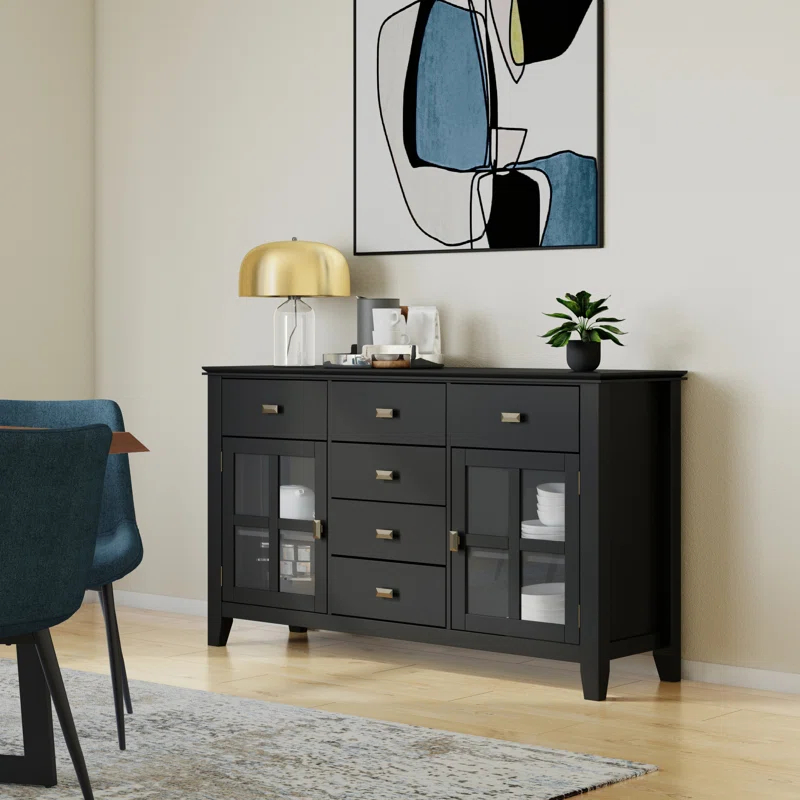 Simpli Home Artisan 54"W Solid Wood Sideboard Buffet with Tempered Glass Doors and 6 Drawers