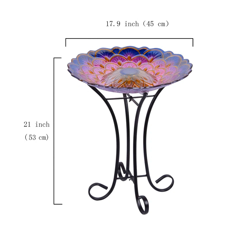 Solar Floral Glass Bird Bath with Stand