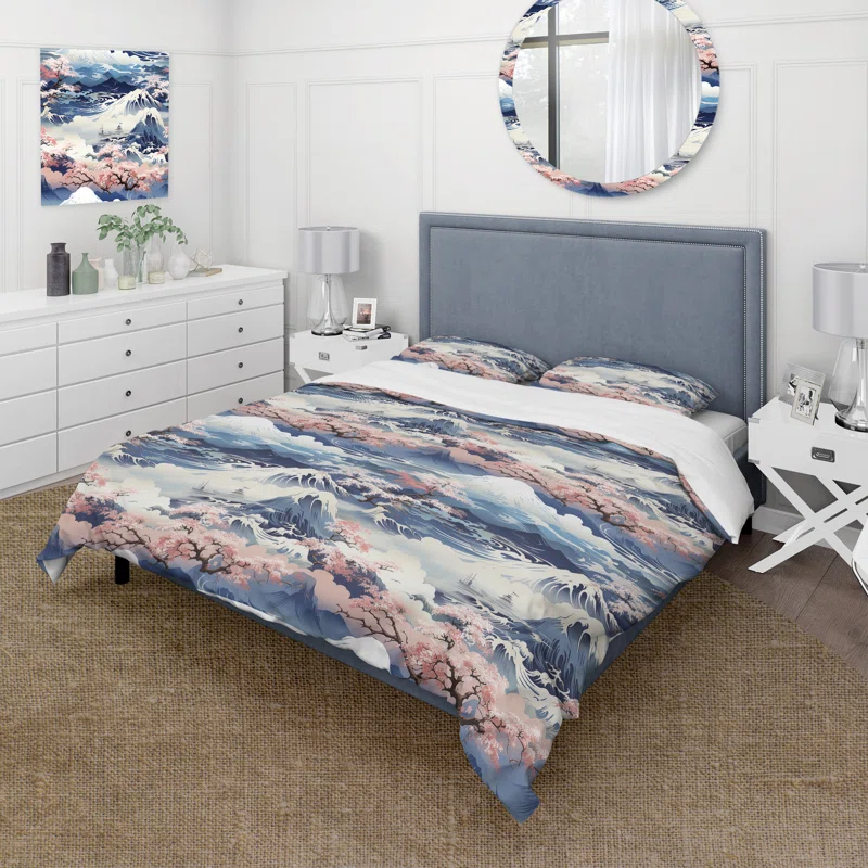 Karitza Blue And Pink Zen Japanese Landscape - Japanese Duvet Cover Set - Microfiber Polyester
