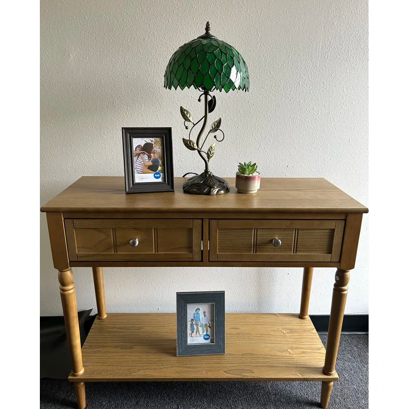Bloomsbury Market Dejean Tiffany Table Lamp Green Leaves Stained Glass Included LED Bulb 20"H*10"W*10"D