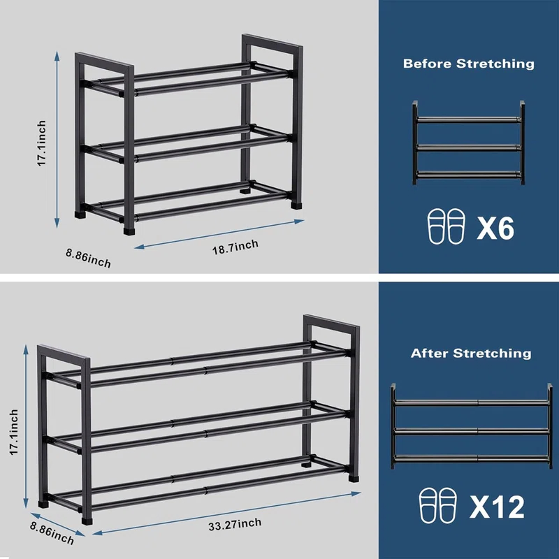 3-Tier Expandable Shoe Rack for Closet, 18''-33''Adjustable Shoe Rack for Small Space,Shoe Organizer
