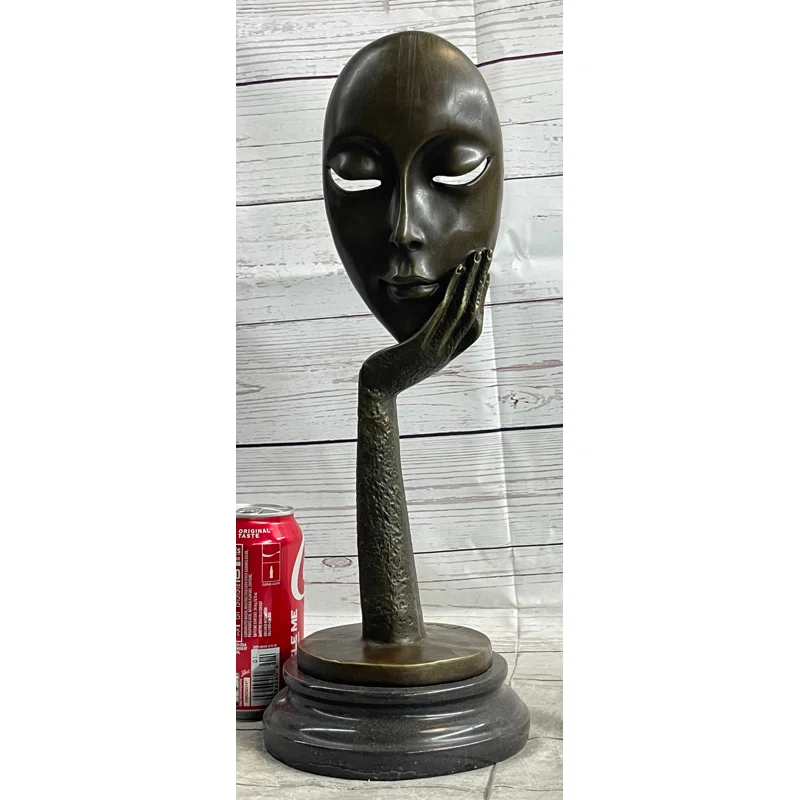 Red Barrel Studio® Tekira Abstract Surreal Bronze Floating Female Face Mask Original Art Sculpture on Marble Base
