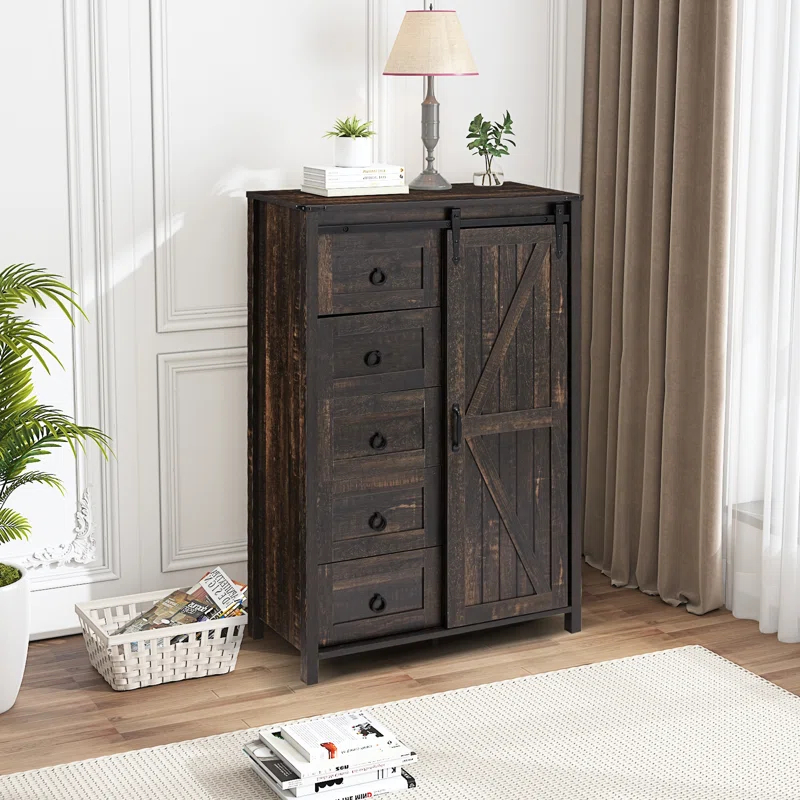 Gracie Oaks 5 Drawers Dresser With Cabinet, 48" Tall Chest, Wooden Closet Dresser With Sliding Barn Door For Living Room, Hallway