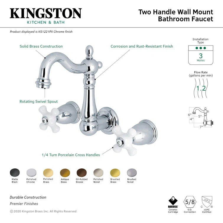 Kingston Brass Kingston Brass Heritage Two-Handle 3-Hole Wall Mount Bathroom Faucet KS1220PX