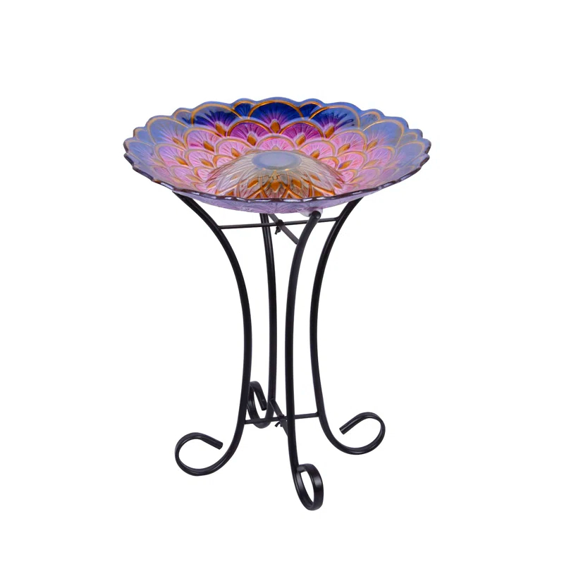 Solar Floral Glass Bird Bath with Stand