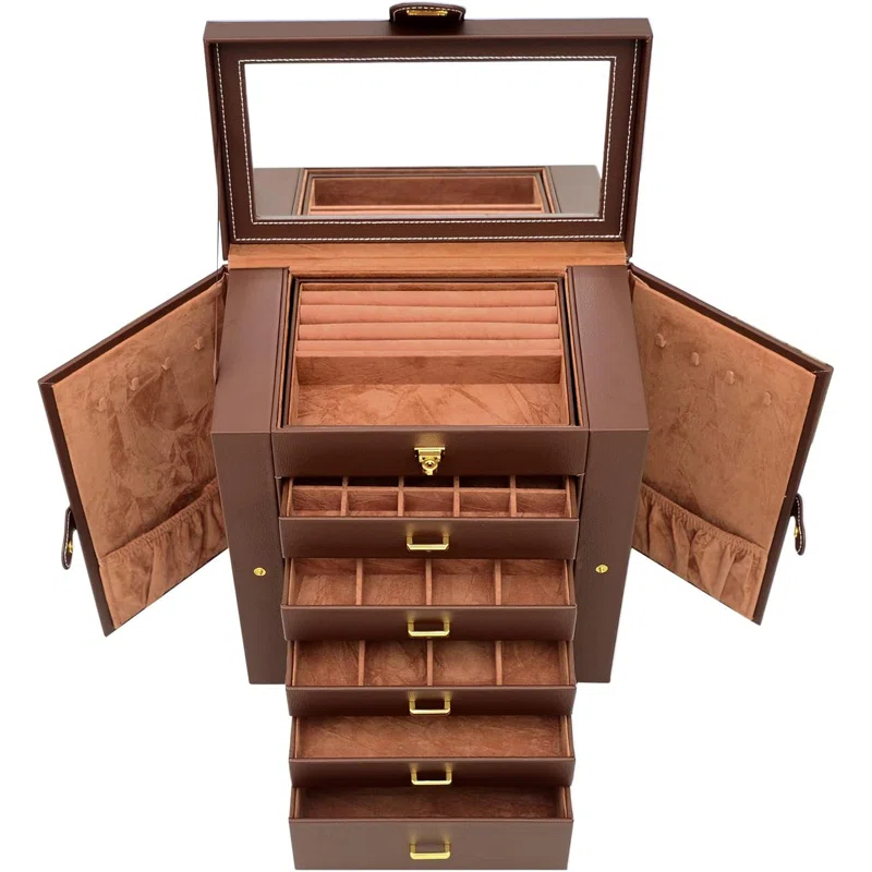 Rosdorf Park Extra Large 6-Tier Jewelry Box Organizer With Mirror, 5 Drawers Leather Jewelry Storage Case Ring Necklace Earring Bracelet Brown