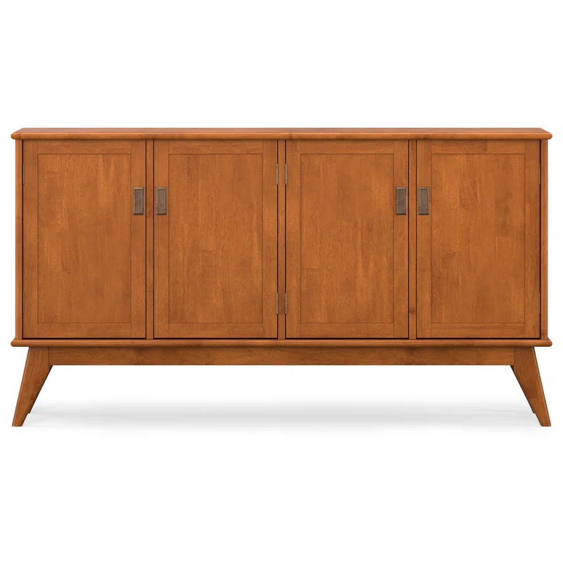 Simpli Home Draper 66"W Solid Hardwood Mid-Century Modern 4-Door Sideboard Buffet with Adjustable Shelves