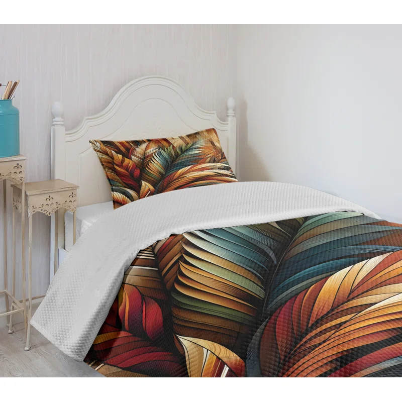 Ambesonne Aesthetic Bedspread Set Boho Rustic Bold Leaves Burnt Orange Teal and Blue