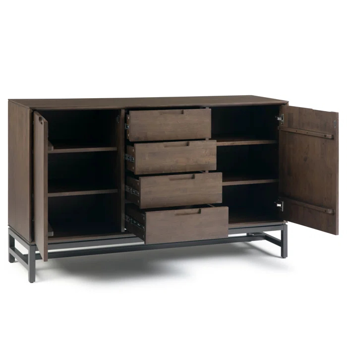 Simpli Home Banting 60"W Solid Wood Industrial 2-Door Sideboard Buffet with 4 Center Drawers
