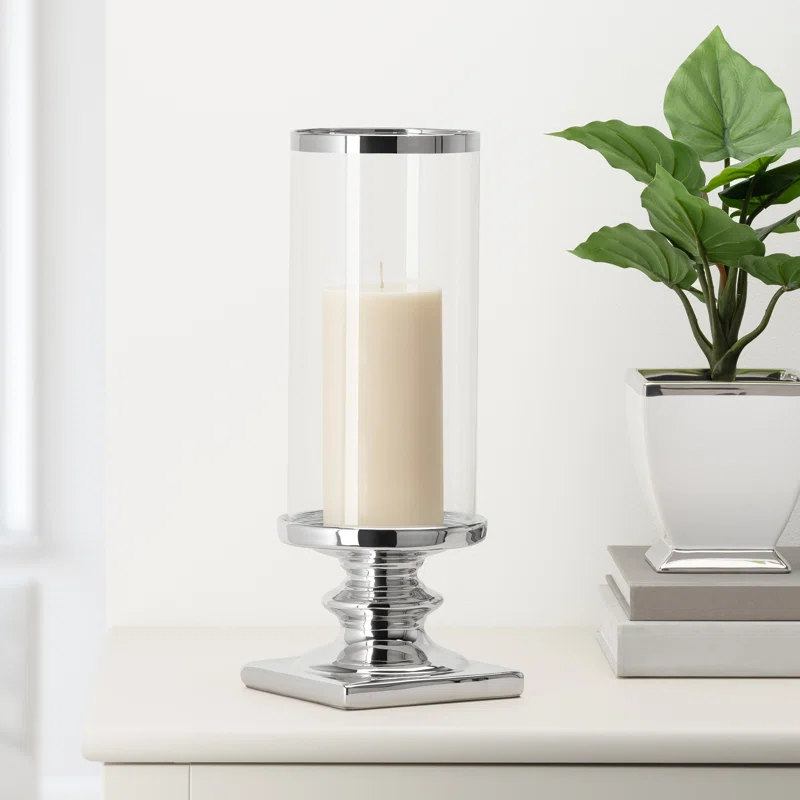 Charlton Home® 14''H Ceramic Pillar Candle Holder with Hurricane Candle Holder Glass