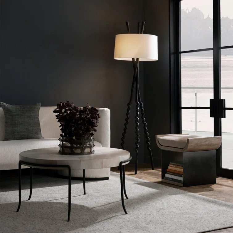 Bronze Tripod Floor Lamp with Off-White Cotton Shade