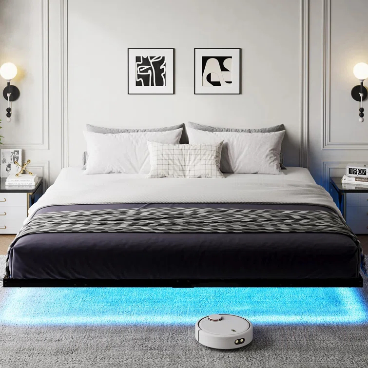 Alwyn Home Floating Bed Frame With Led Lights Metal Platform Bed, No Squeak