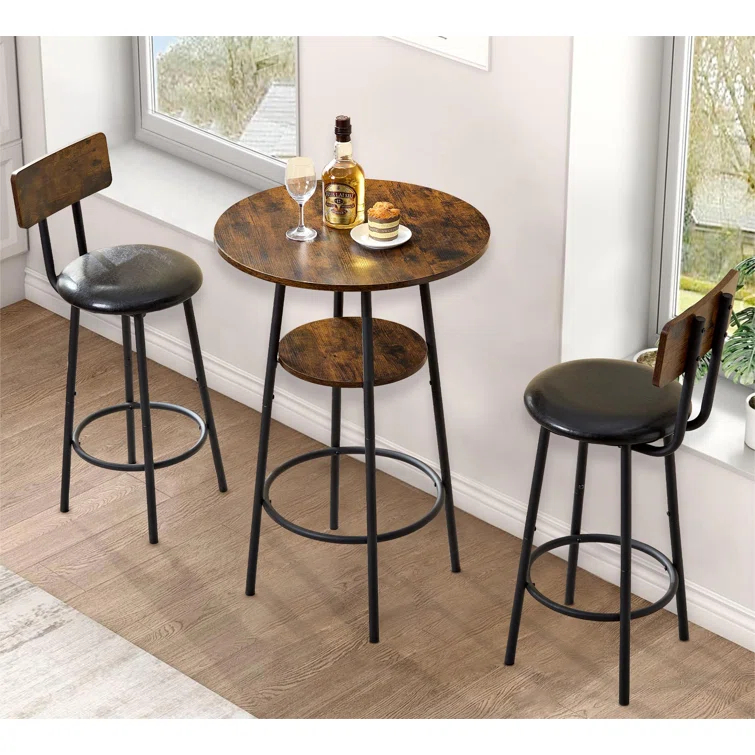 17 Stories Rustic Charm Bar Set，Weather-Resistant 3-Piece Bistro Table & Stools with Plush Backrests – Perfect for Cozy Outdoor Dining