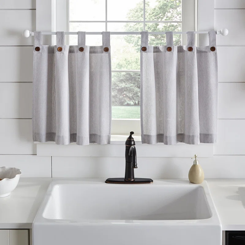 Gracie Oaks Liviana Striped Cotton Tailored 30'' W Kitchen Curtain (Set of 2)