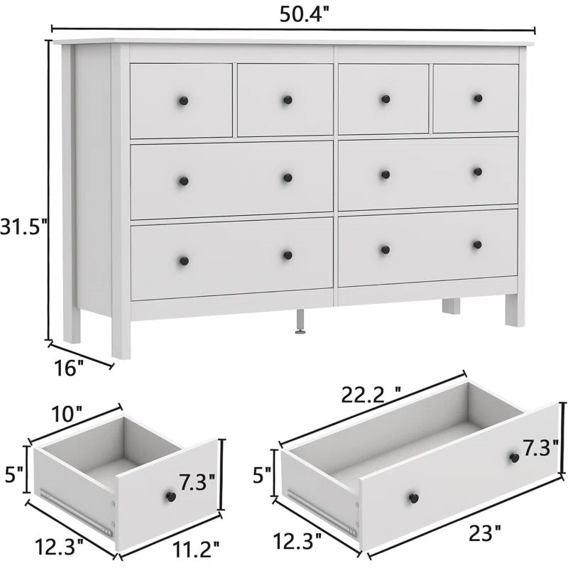 50" Modern White Dressers& Chests of Drawers, 8 Drawer Wide Dresser for Bedroom, Living Room
