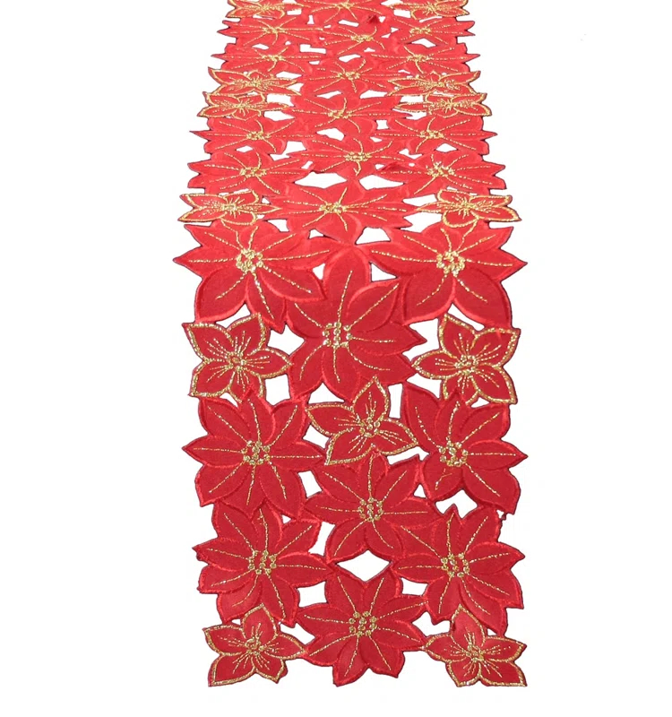 The Holiday Aisle® Festive Poinsettia Embroidered Cutwork Holiday Table Runner