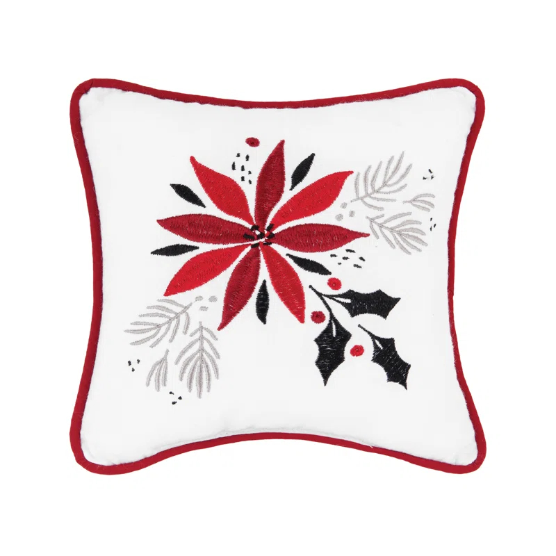 Poinsettia & Mistletoe Embroidered Throw Pillow