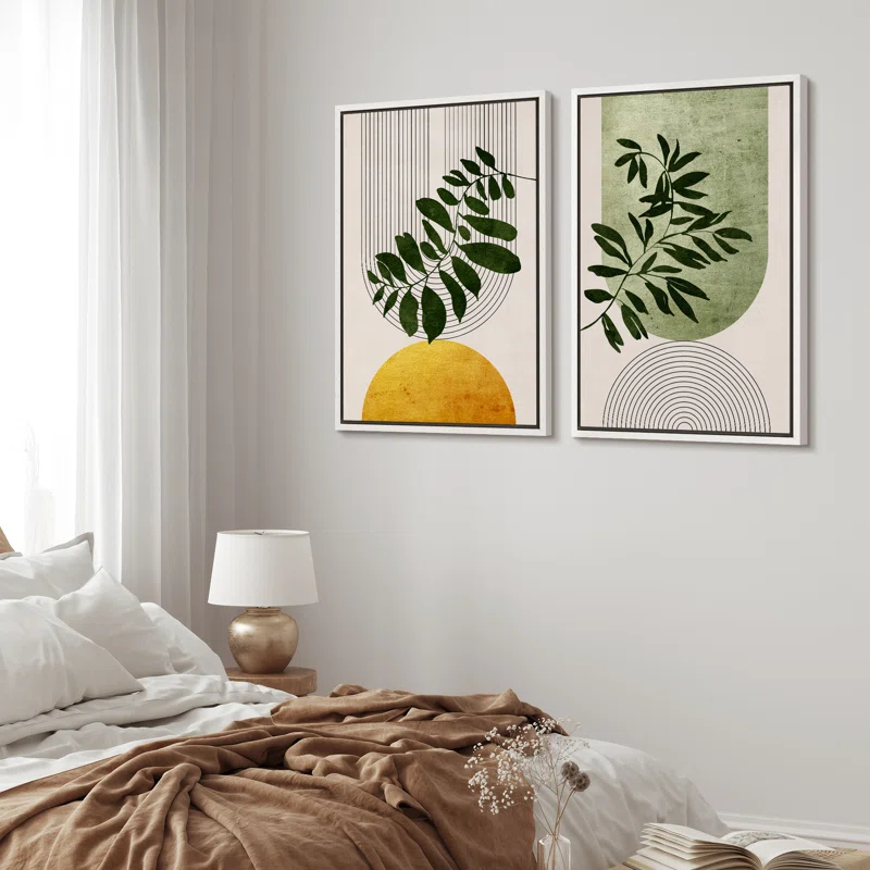 Mid Century Modern Boho Green Yellow Bright Plant Art Framed Canvas 2 Pieces Print  Wall Art Set