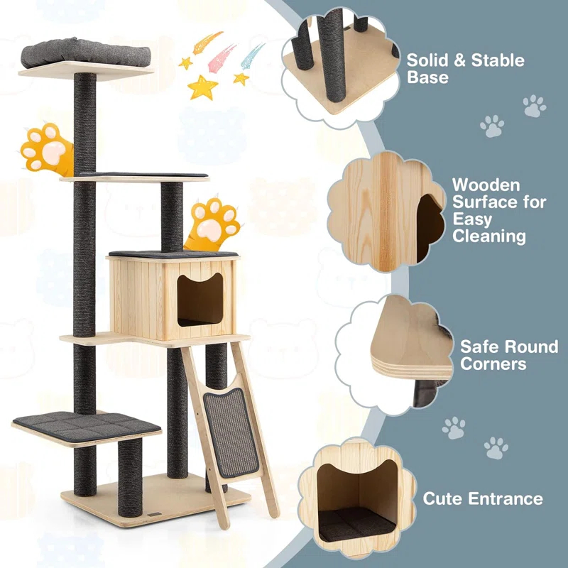 69" Tall Wooden Cat Tree Tower Modern Cat Activity Center Tree With Sisal Posts & Scratch Board Condo & Top Perch