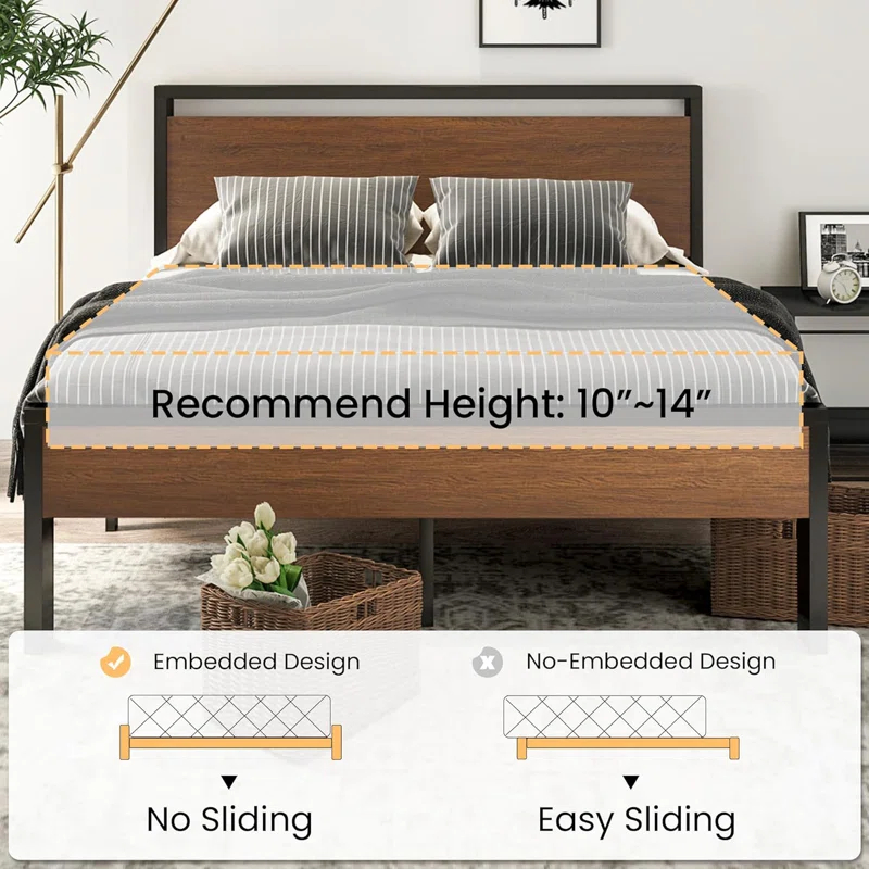 17 Stories 14 Inch Queen Size Metal Platform Bed Frame with Wooden Headboard and Footboard,No Box Spring Needed